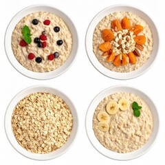 Four bowls of oatmeal topped with various fresh fruits and nuts