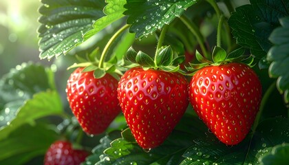 Closeup of ripe, red, juicy strawberries and fresh green leaves in the garden