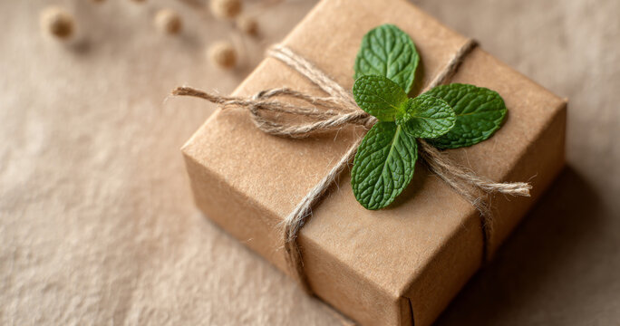 A brown package wrapped with twine and adorned by a green mint leaf on top, resting against a beige background