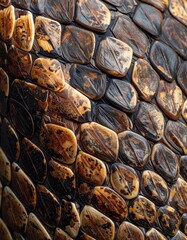 Close-up view of a snake's skin texture.  Detailed, patterned scales in shades of brown and dark