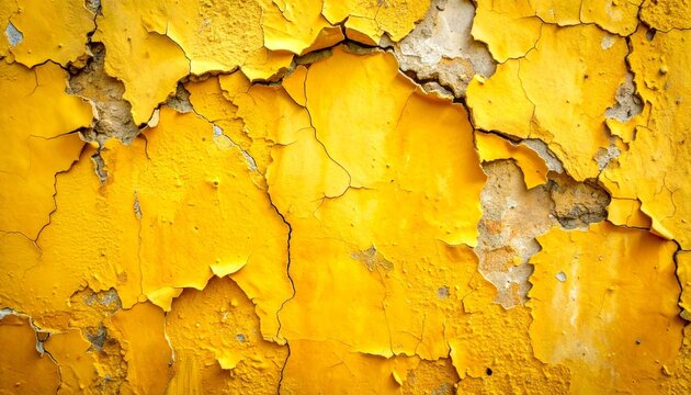 Close-up of wall with peeling yellow paint revealing rough textured surface beneath, aged and weathered appearance. - Powered by Adobe