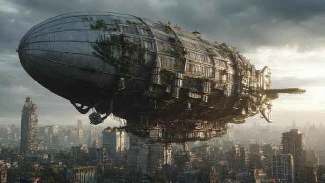 A gigantic, weathered airship hovers above a sprawling, ruined city.