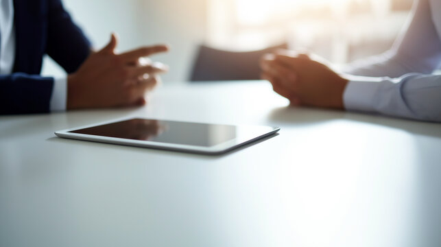 Business Meeting Discussion with Digital Tablet on Office Desk