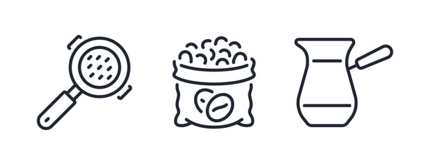 Coffee filter, beans sack and turk editable stroke outline icon isolated on white background flat vector illustration. Pixel perfect. 64 x 64.