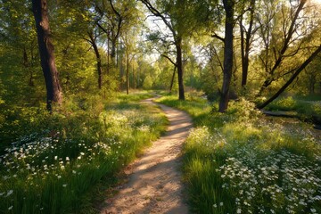 Fototapeta premium Serene forest path with sunbeams filtering through green trees and white wildflowers in spring woodland landscape, winding dirt trail in dreamlike sunny grove for wellness, nature travel, and meditati
