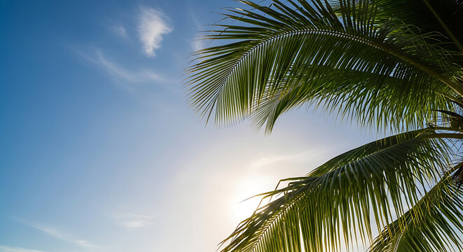 Palm Fronds Reaching Towards Sunlight Under a Bright Blue Sky, Tropical Vacation Concept