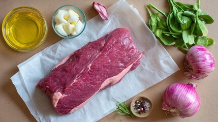 A vibrant layout of fresh ingredients highlights a trimmed cut of beef surrounded by spinach, onions, olive oil, and garlic, all ready for cooking in a warm kitchen