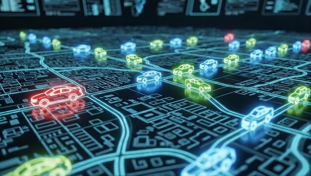 Futuristic autonomous vehicles navigate a digital city map with glowing routes, illustrating smart