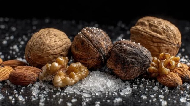 Assorted nuts&mdash;walnuts, almonds, and pecans&mdash;on a dark surface with scattered white crystals.