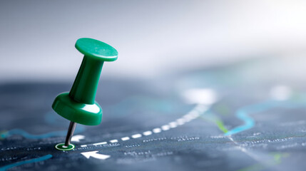 A green pushpin is stuck into a map, marking an important location or destination. The background is blurred to emphasize the pin and its significance in navigation or planning.
