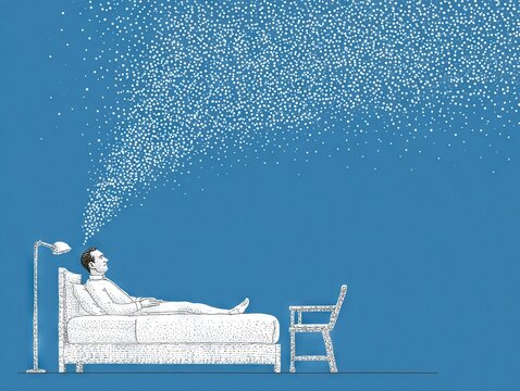Man resting in bed as countless tiny particles drift upward into the blue space above, forming a delicate cloud that visualizes thought, breath, or dream