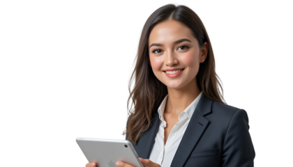 A cheerful young professional woman in business attire holding a sleek digital tablet device showcasing modern competence and technological engagement for the contemporary corporate environment