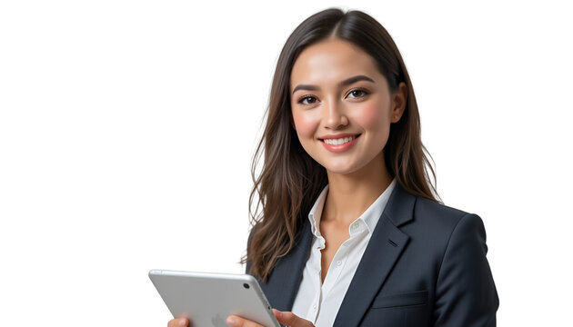 A cheerful young professional woman in business attire holding a sleek digital tablet device showcasing modern competence and technological engagement for the contemporary corporate environment