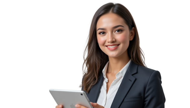 A cheerful young professional woman in business attire holding a sleek digital tablet device showcasing modern competence and technological engagement for the contemporary corporate environment