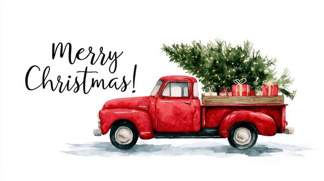 Merry christmas! A red truck is decorated with a Christmas tree and presents. The truck is the main focus of the image, and the decorations give it a festive and joyful mood