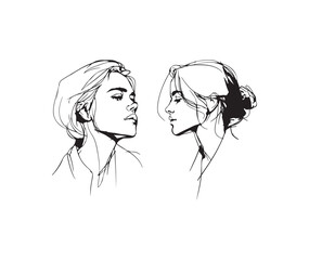 two simple line drawings of female faces, one portrait and one profile view, on a white background, in a minimalist style