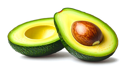 Fresh ripe green avocado fruit, cut in half with seed, isolated on a white background