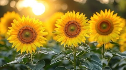 Obraz premium Close-up of sunflowers basking in golden sunlight, creating a vibrant field of blossoms