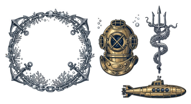 Vintage nautical vector elements with diving helmet, chain wreath, octopus, and submarine for maritime design