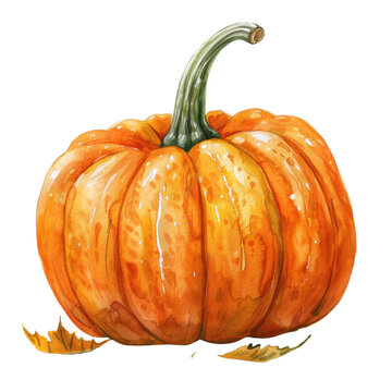 Watercolor pumpkin illustration, orange autumn squash with green stem. Fall harvest vegetable clipart PNG for seasonal design isolated PNG with Transparent Background