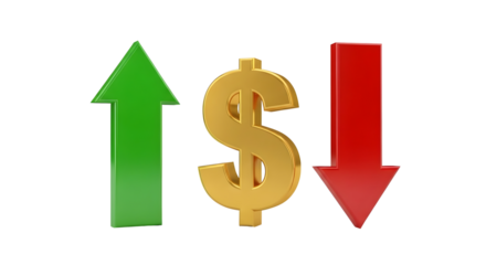 Financial dollar symbol with arrows up and down isolated on transparent background