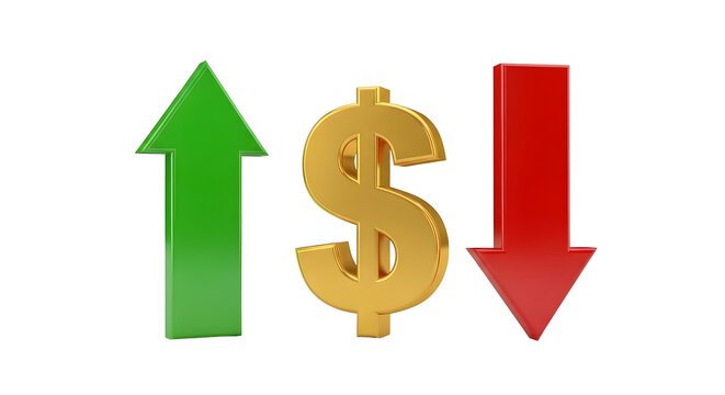 Financial dollar symbol with arrows up and down isolated on transparent background