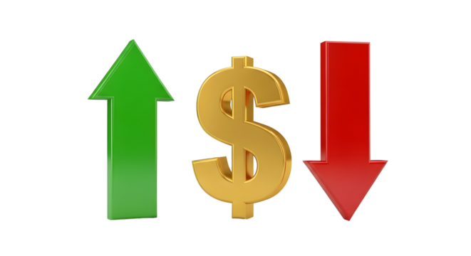 Financial dollar symbol with arrows up and down isolated on transparent background