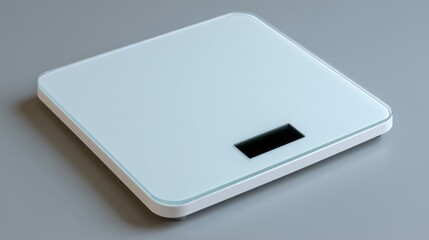 A digital scale with a black screen sits on a grey surface. The scale is white and clear, and it is a modern design