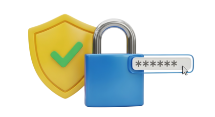 Cybersecurity, padlock, shield, password entry isolated on transparent background