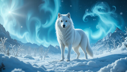 Majestic white wolf standing in a magical icy landscape