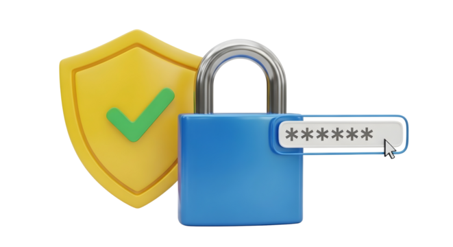 Cybersecurity, padlock, shield, password entry isolated on transparent background