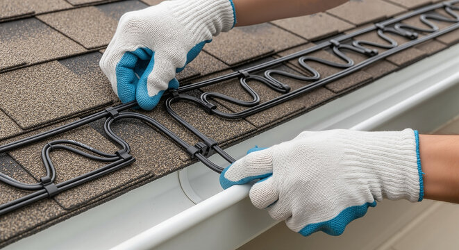 Worker installing a roof de-icing system with heating cables to prevent ice dams on shingles. For home maintenance blogs and contractor service websites.