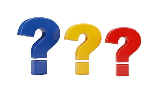 Three dimensional question marks in vibrant colors. isolated on transparent background