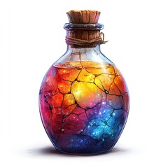 Brewed cosmic potion in a vintage glass bottle isolated, celestial elixir for magical realism projects