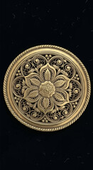 Ornate Gold Brooch with Floral Filigree Design on Dark Background.
