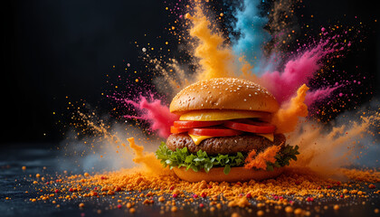 Vibrant Color Powder Explosion Behind Gourmet Burger &ndash; Festival and Celebration Food Concept