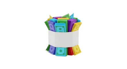 Colorful stylized money bundle with blank band isolated on transparent background