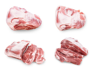 Raw pork cuts and sliced pieces isolated on a transparent background, fresh uncooked meat selection