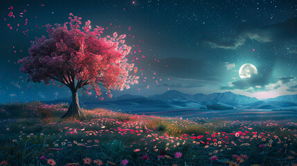 Cherry blossom dreams under the moonlight canvas, floral serenity and landscape in peaceful panorama