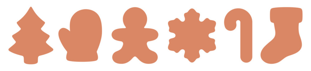 Set of Christmas gingerbread cookie silhouette isolated on a white background. Gingerbread cookies in shape of Christmas tree, glove, gingerbread man, snowflake, candy cane and stocking.	