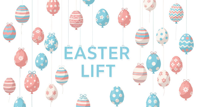 Whimsical easter eggs designed as balloons float and hang with a lighthearted festive feel