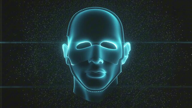 Pitch black background, hologram face mask silhouette assembling from light particles, cyan glow, subtle hover, faint scanline flicker, public health concept