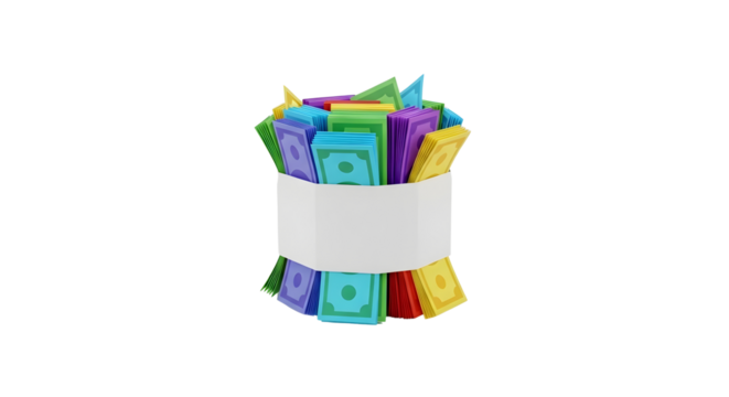 Colorful stylized money bundle with blank band isolated on transparent background