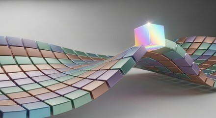 Undulating array of pastel cubes with a prismatic cube atop rendered in soft light