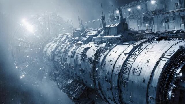 A huge cylindrical space station or starship in deep space, with modular sections and bright blue lights.