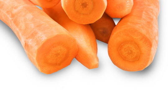  Close-up of freshly peeled, cut carrots showing the inner core texture, forming a border at the top of a transparent background.