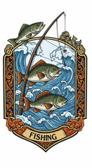 Fishing Emblem with Fish, Rod, and Waves Illustration.
