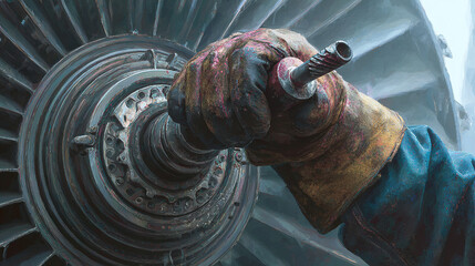 A mechanic meticulously repairs a complex jet engine. The focus is on the intricate machinery and the skilled hand working with precision