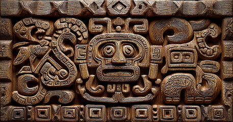 Tribal aztec mayan glyph pattern border ornament carving wood relief ancient tribal aztec mayan glyph pattern border ornament carving wood relief panel with geometric motif and mythical creature