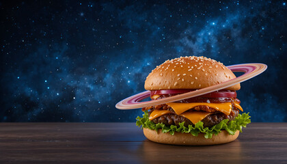 Fantasy Space-Themed Burger Floating in Night Sky with Stars &ndash; Surreal Creative Food Concept